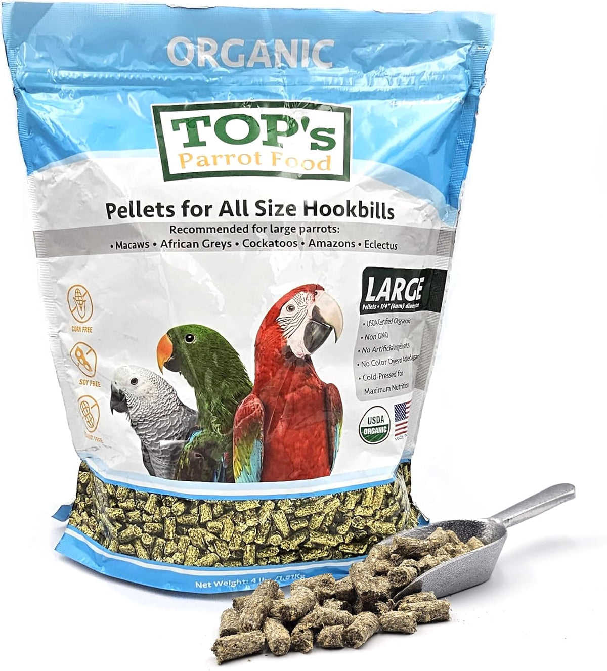 TOP's Parrot Food Pellets Hookbills, Small, Medium and Large Parrots - Non-GMO, Peanut Soy & Corn