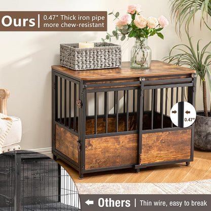 KOOPRO 32 Inch Dog Crate Furniture with Cushion for Large Medium Dogs, Wooden Heavy Duty Dog Kennel
