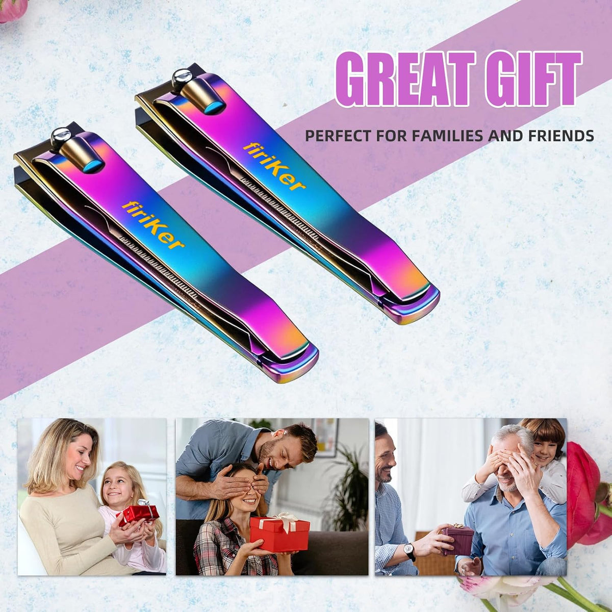 2PCS Stainless Steel Nail Clippers,Rainbow Fingernail Clipper and Toenail Clipper, Wide Easy Press