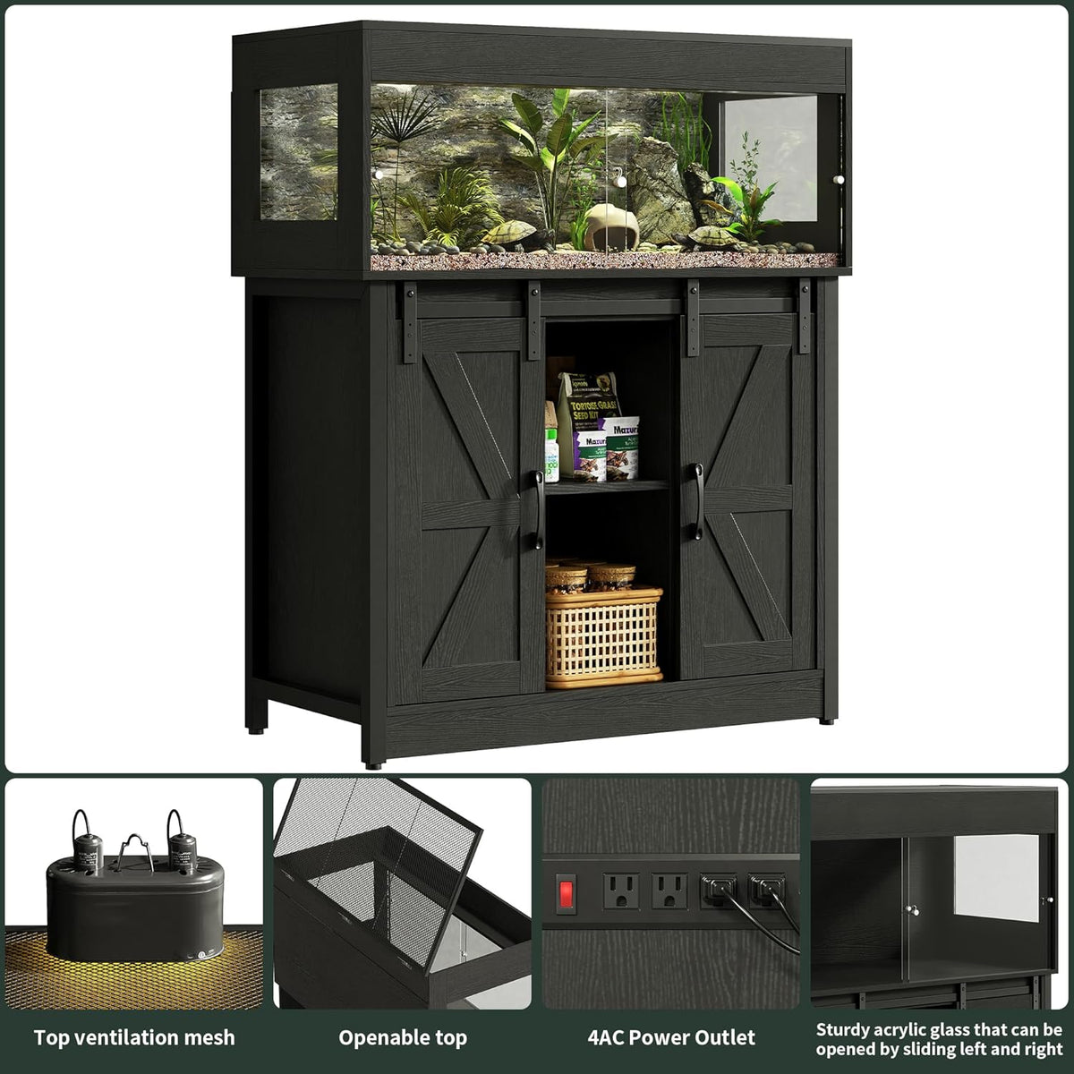 40 Gallon Reptile Terrarium with Stand, Reptile Tank with Barn Door and Storage, Vivarium with