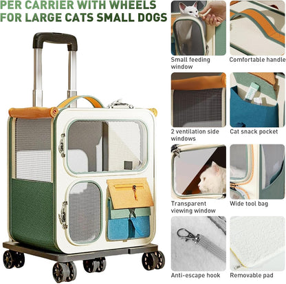 Cat Carrier with Wheels, Soft Rolling Pets Carrier Collapsible on Wheel Pet Handbag Cats Backpack