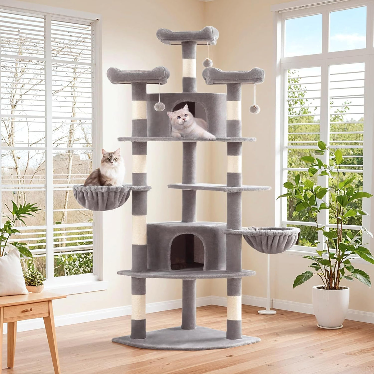 SHA CERLIN 73" Space-Saving Cat Tree/Multi-Level Tall Cat Tower with Perches/Scratching Posts/Condo