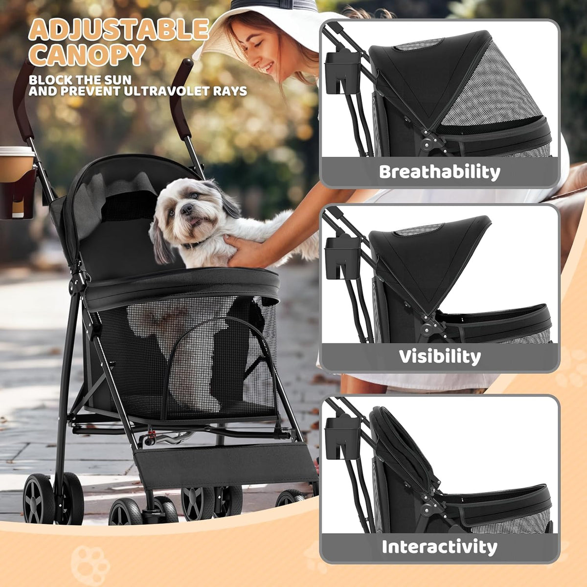 Magshion Compact Pet Stroller for Small-Medium Dogs/Cats up to 22lbs, 4-Wheel Lightweight Umbrella