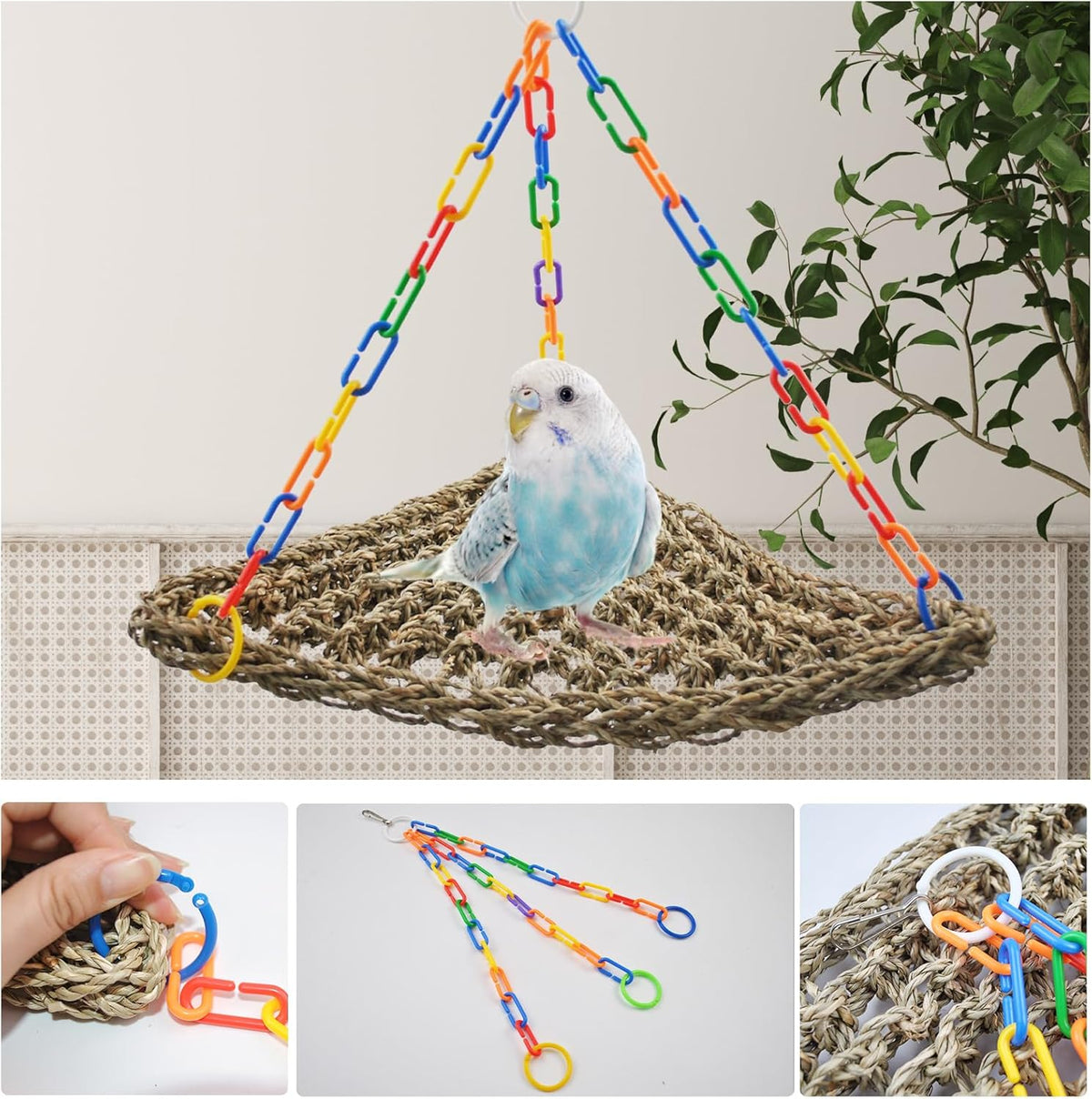 Bird Swing Toys,Bird Seagrass Mat Edible Hammock Parrot Lounger with Toys Handmade Woven Hanging