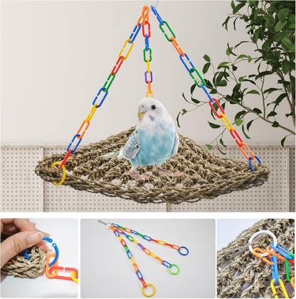 Bird Swing Toys,Bird Seagrass Mat Edible Hammock Parrot Lounger with Toys Handmade Woven Hanging