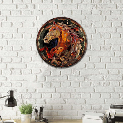 Lygond Metal Sign Tin Sign Circular Stained Glass Horse Metal Signs Vintage for Restaurant 12×12