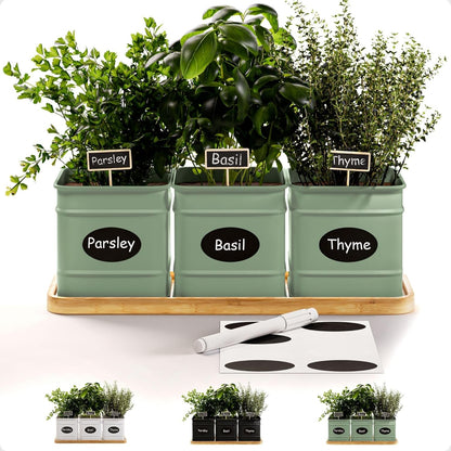 Herb Planter Indoor - 3 Iron Herb Pots with Drainage Holes, Varnished Bamboo Tray, Customizable