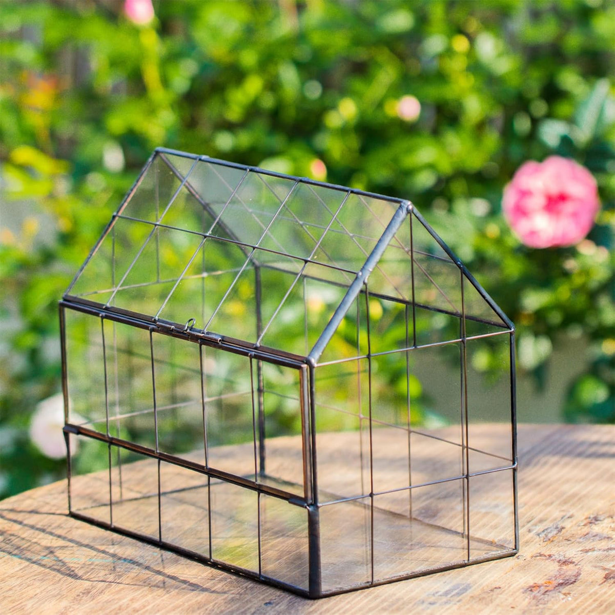 NCYP Geometric Glass Terrarium with Front Opening Door, House Shape Closed Micro Landscape Planter