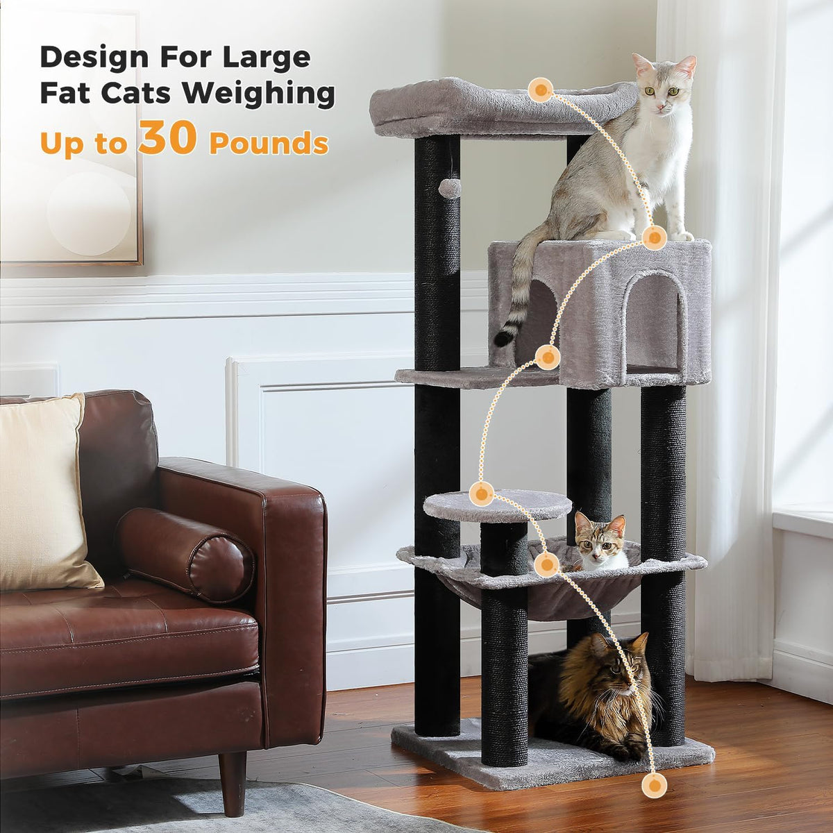 Large Cat Tree with Reinforced Scratching Posts (φ3.1in) for Big Adult Cats 30 lbs, 57.8" Heavy