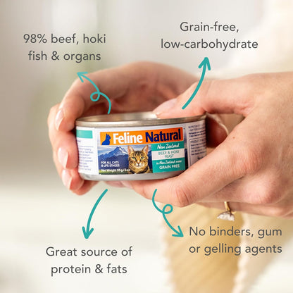Feline Natural New Zealand Canned Catfood Wet Food, High-Meat, Low-Carb, & Grain Free Cat Food Wet