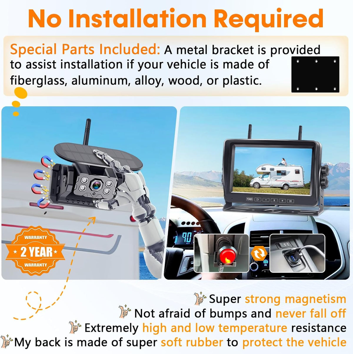 Wireless Backup Camera for RV Install-Free 7-Inch: Magnetic HD 1080P Recording Solar Rear View