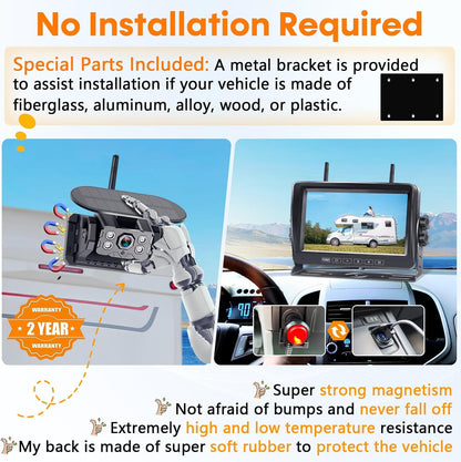 Wireless Backup Camera for RV Install-Free 7-Inch: Magnetic HD 1080P Recording Solar Rear View