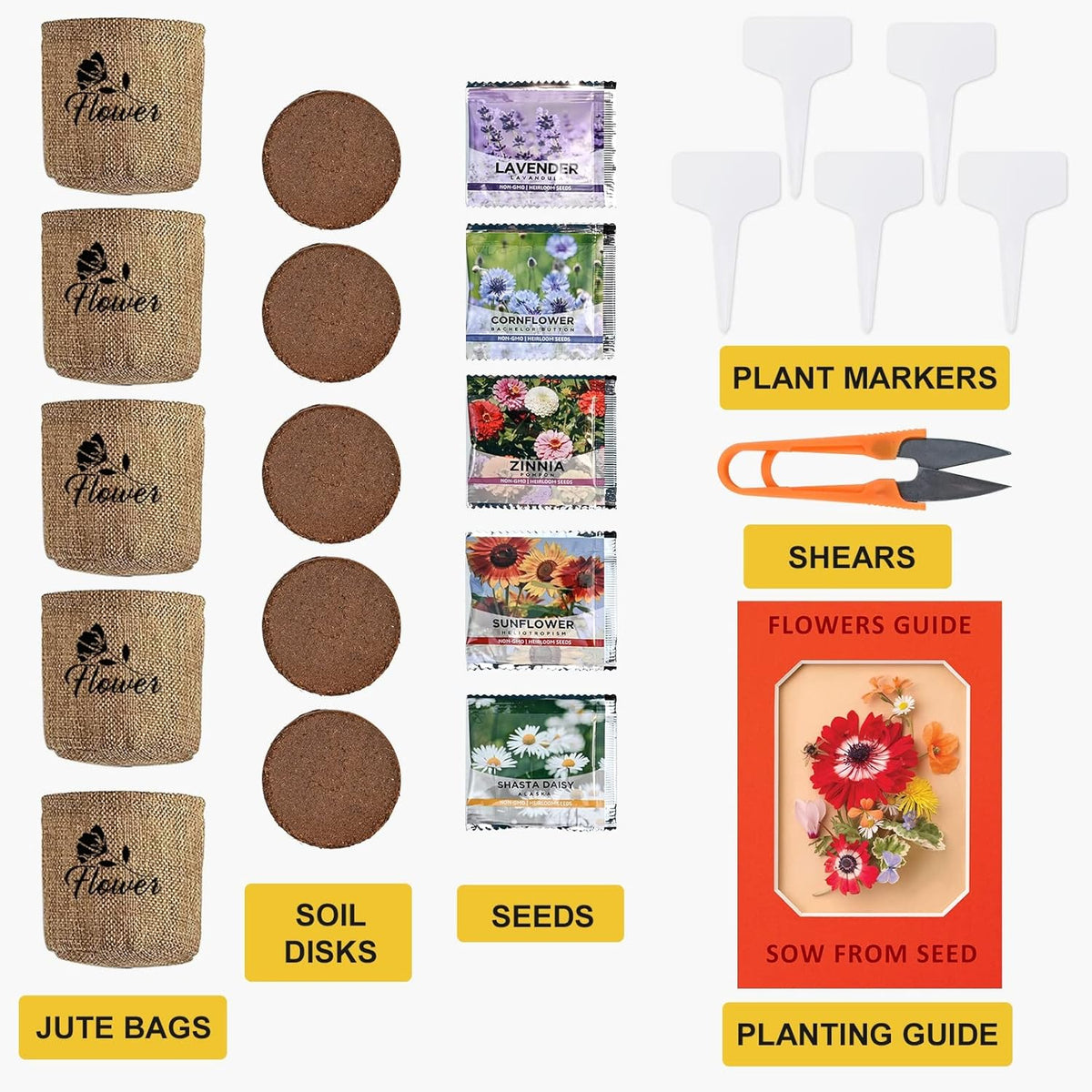 Indoor Daisy Garden Starter Kit with Gardening Tools - Jute Bags, Markers, Soil Disks and Shears