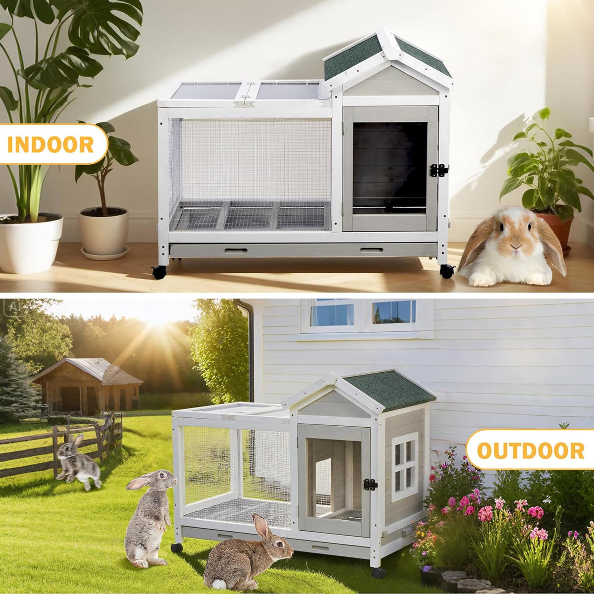 Wooden Rabbit Hutch with Waterproof Roof,Outdoor/Indoor Bunny Cage with Removable Slide-Out Bottom