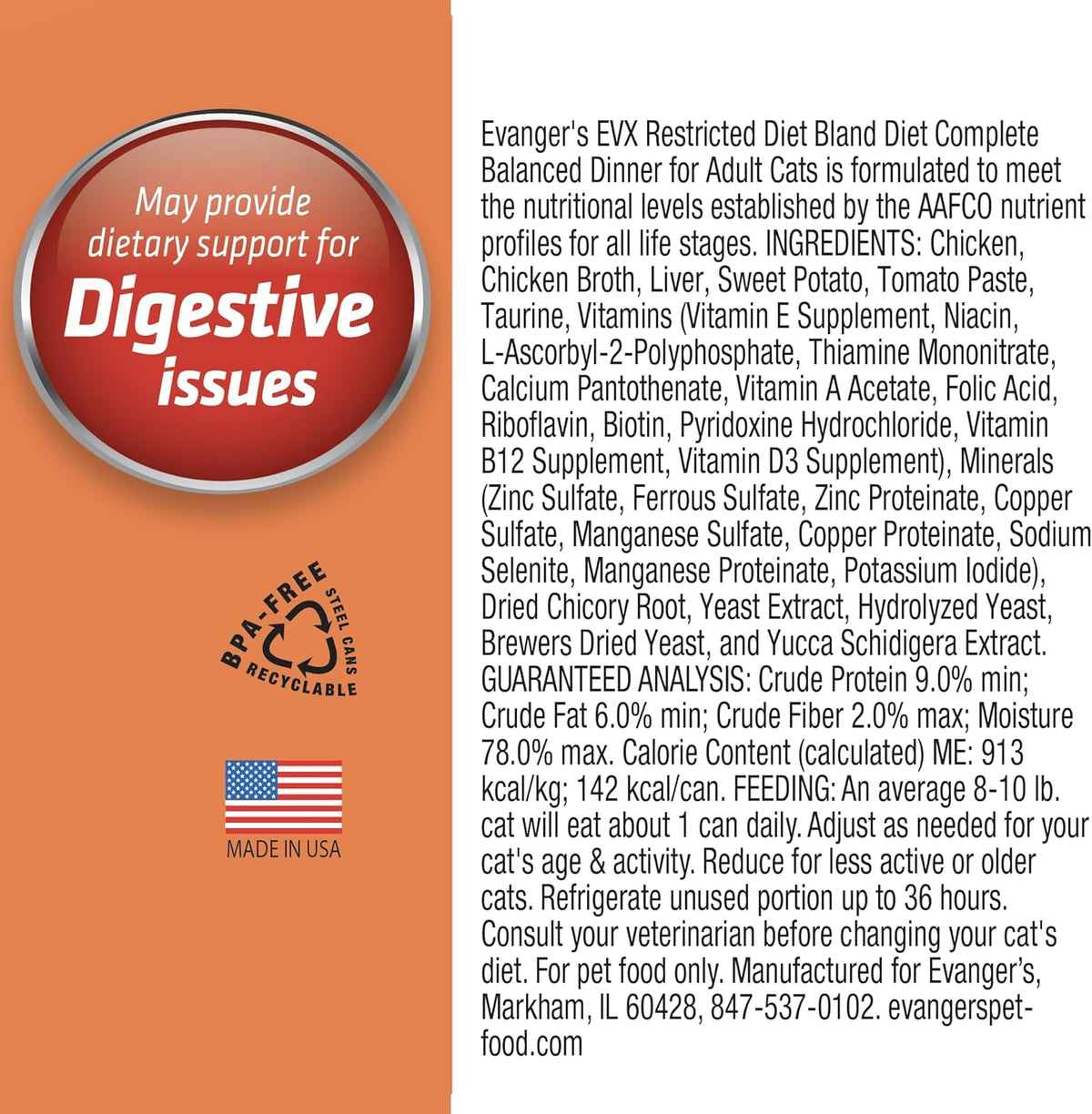 Evanger's EVX Restricted Diet Bland Diet Canned Cat Food – 24 Count, 5.5 oz Each – Chicken & Sweet