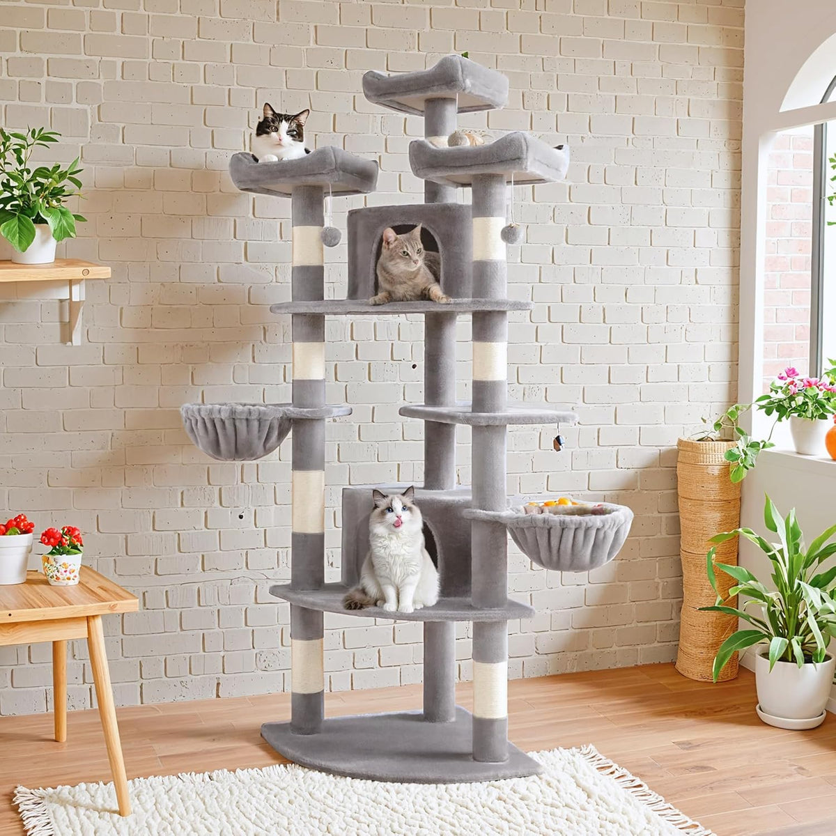 SHA CERLIN 73" Space-Saving Cat Tree/Multi-Level Tall Cat Tower with Perches/Scratching Posts/Condo