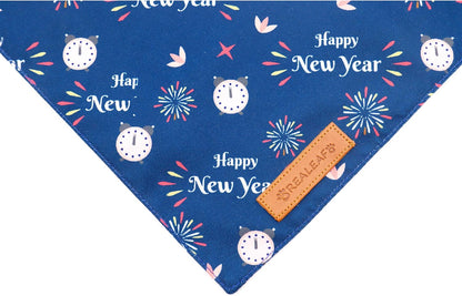 Realeaf Happy New Year Dog Bandanas 2 Pack, Reversible Holiday Pet Scarf for Boy and Girl, Premium