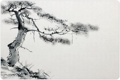 Lunarable Asian Pet Mat for Food and Water, Lone Pine on Mountain Slope Art Traditional Chinese