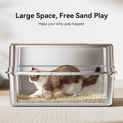 All-Metal 28" Extra Large Stainless Steel Cat Litter Boxes with Lid Metal Cat Litterbox Pan for Big