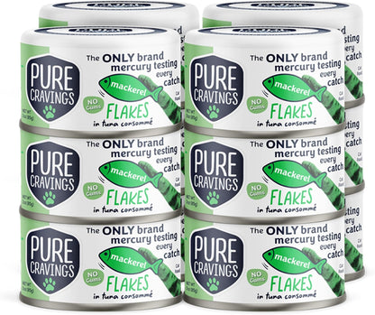 Mackerel Flakes in Tuna Consommé, Canned Wet Cat Food Soup, 100% Mercury-Tested, Moist Can Fish