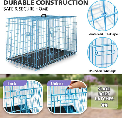 BestPet | Dog Crate | 48" | Blue | Foldable Metal Kennel with Double Doors, Secure Slide-Bolt