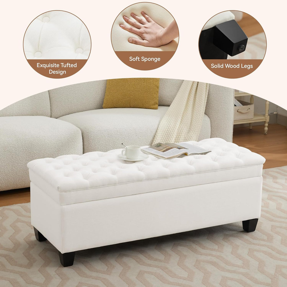 51" Fabric Storage Ottoman Bench, Upholstered Rectangle End of Bed Storage Ottoman Tufted Living