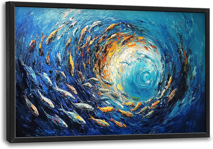Extra Large Framed Abstract Ocean Fish Wall Art,Oversized Blue Sea Nautical Fish Wall Decor