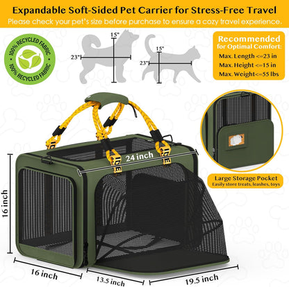 PAWZIDEA Expandable Large Pet Carrier, 24"X16"X16" Cat Carrier for 2 Cats, Collapsible Dog Travel