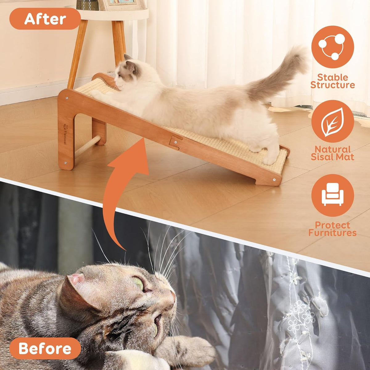 L-Shaped Cat Scratching Post - Beechwood Base, 28.5" Natural Sisal Woven Cat Scratch Pad, Durable