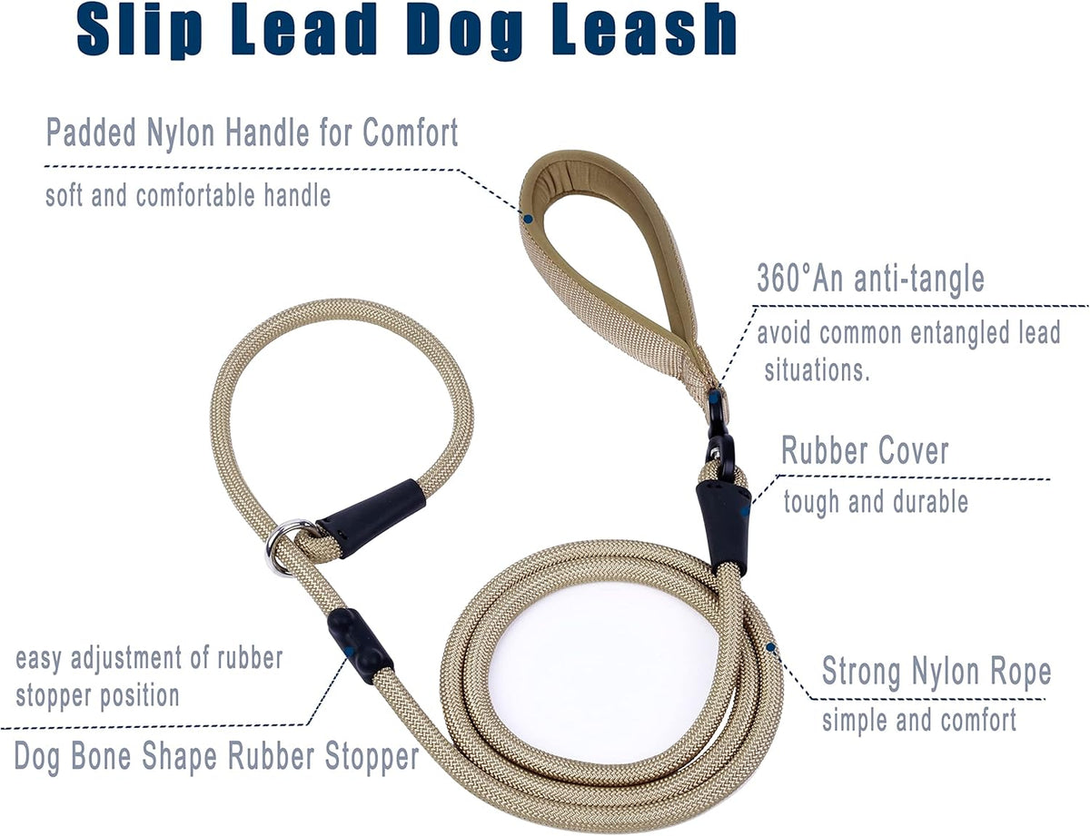 Slip Lead Dog Leash，Strong Nylon Rope Leash and Padded Handle,No Pull Outdoor Walking Training Lead