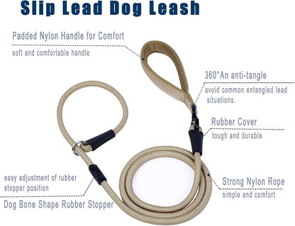 Slip Lead Dog Leash，Strong Nylon Rope Leash and Padded Handle,No Pull Outdoor Walking Training Lead
