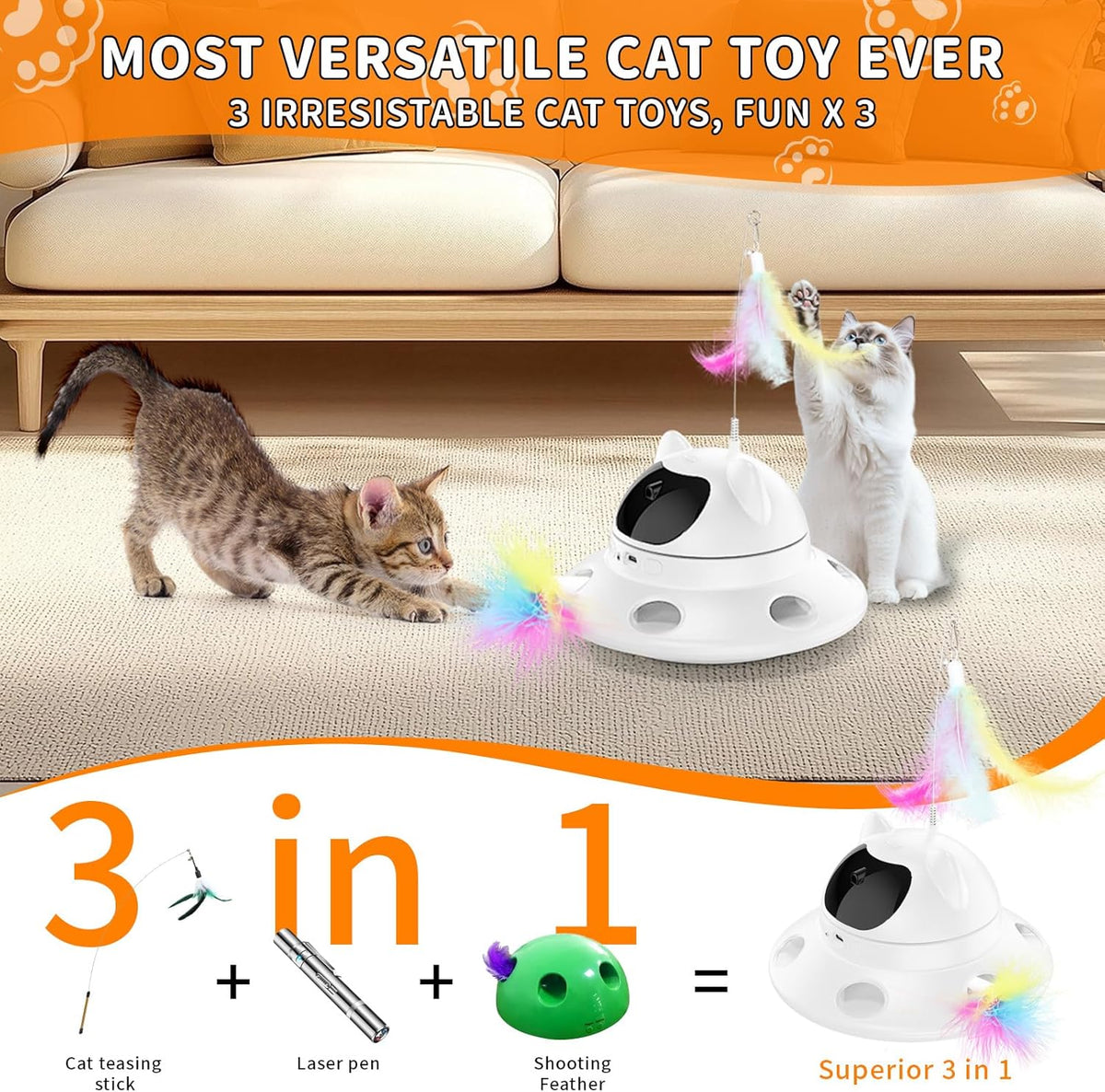 Cat Laser Toy,3-in-1Interactive Cat Toys Automatic Cat Toy with 360° Random Laser & Interactive