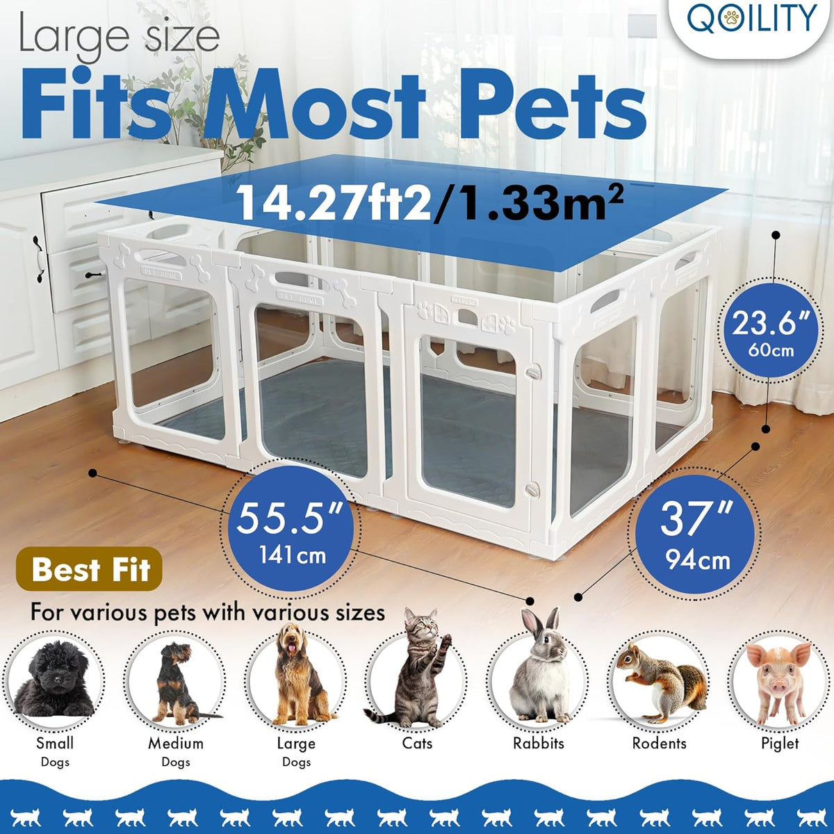 Clear Dog Play Pen Indoor, Effectively Relieves Indoor Pet Anxiety, 56" x 37" x 23.6"H, Suitable