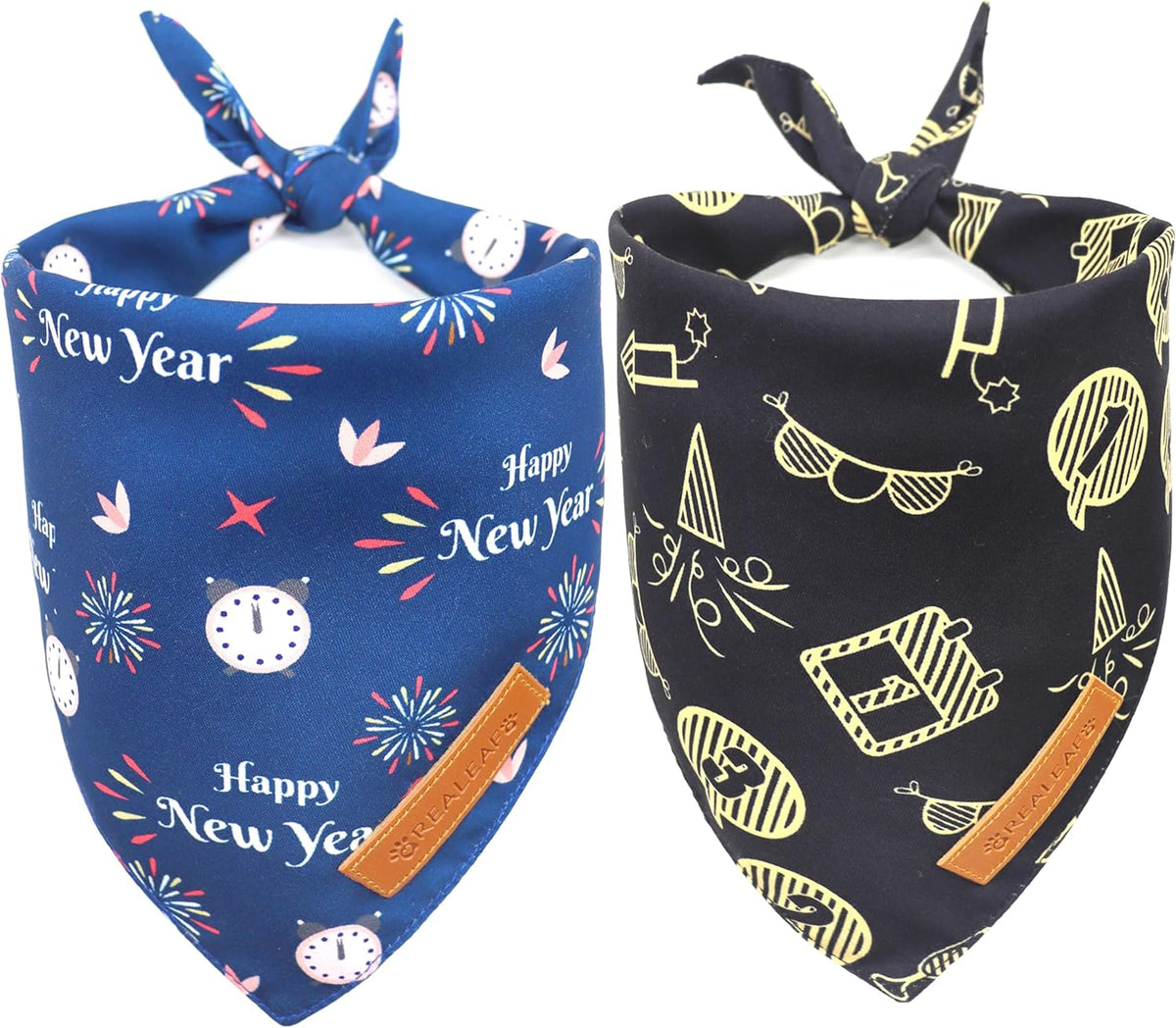 Realeaf Happy New Year Dog Bandanas 2 Pack, Reversible Holiday Pet Scarf for Boy and Girl, Premium