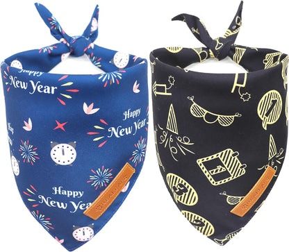 Realeaf Happy New Year Dog Bandanas 2 Pack, Reversible Holiday Pet Scarf for Boy and Girl, Premium