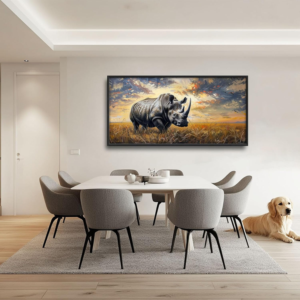 Rhino Large Wall Art Rustic Cool Wild Animal Rhinoceros Pictures Sunset Field Landscape Wall Decor