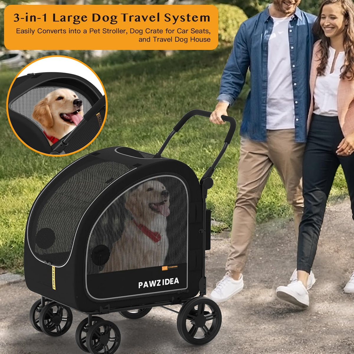 PAWZIDEA Dog Stroller for Large Dogs, Pet Stroller with Detachable Carrier for Portable Dog Crate
