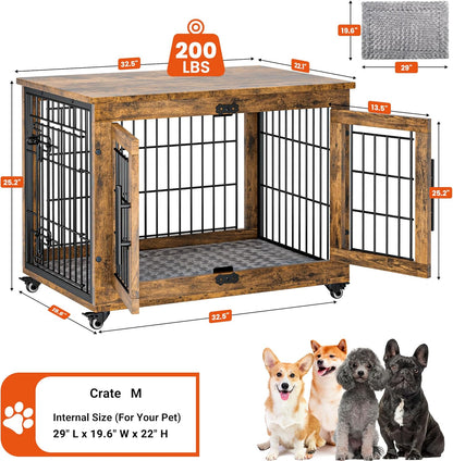 Lulive Dog Crate Furniture, Dog Kennel Indoor Double Doors Wooden Dog Cage, 32'' Heavy Duty Dog