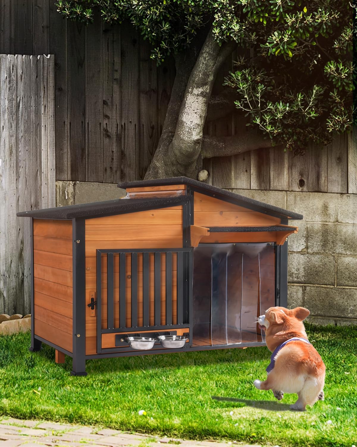 Dog House Outdoor with Bowls Weatherproof Dog Kennel with Anti-Chewing Iron Frame Dog Shelter for