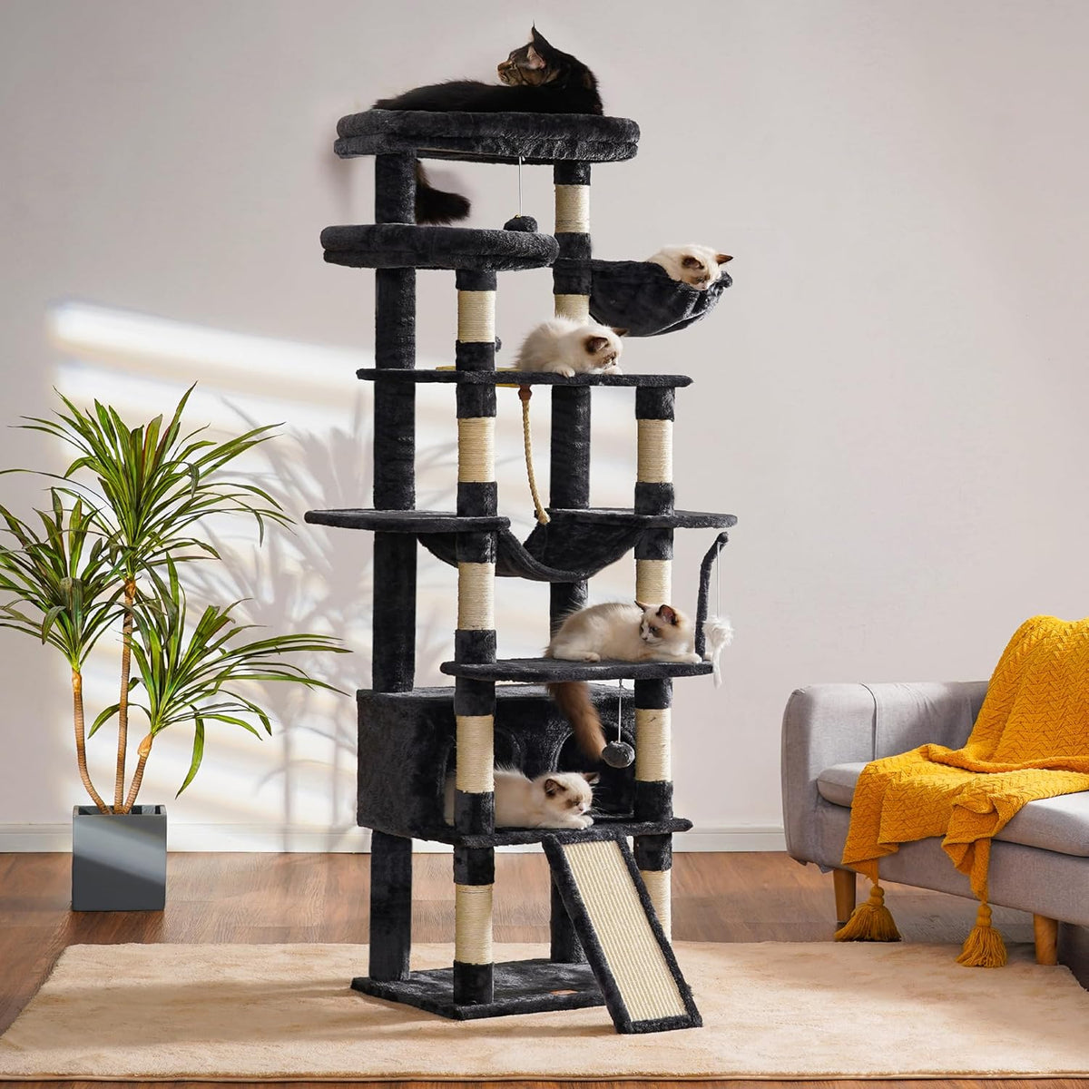 Heybly Tall Cat Tree, 78-inch Multi-Level Cat Tower for Indoor Cats, 2 Widened Plush Perches Cat