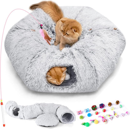 Odoland Cat Tunnel Bed with 20 Cat Toys - Indoor Plush Kitten Couch, Detachable Cats Cave Donut
