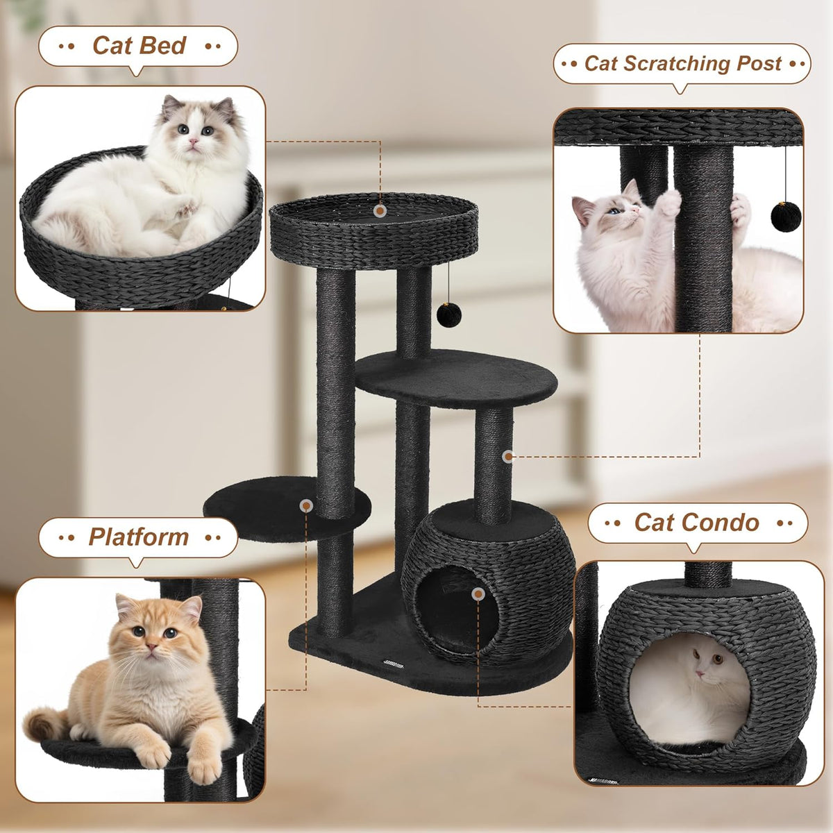 KAMABOKO Modern Cat Tree, 39" Tall Cat Tree Black for Kittens Climb Play & Rest, Cat Trees for