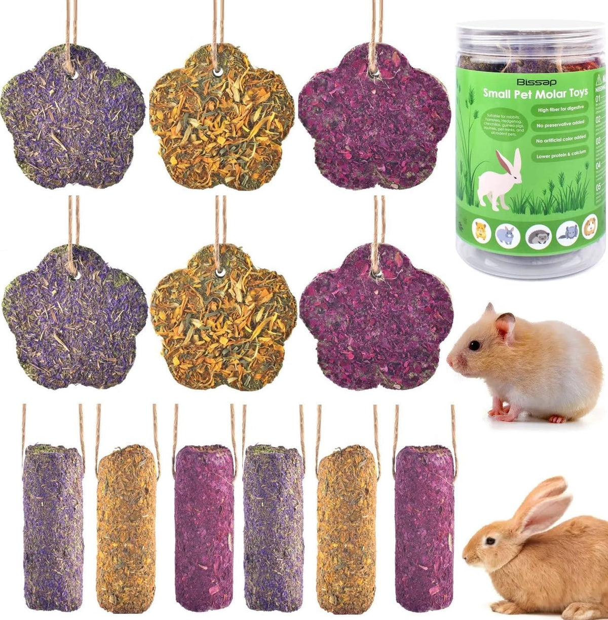 Bissap 12PCS Rabbit Chew Sticks, Hanging Chew Sticks & Cakes Timothy Hay Carrot Strawberry Treat