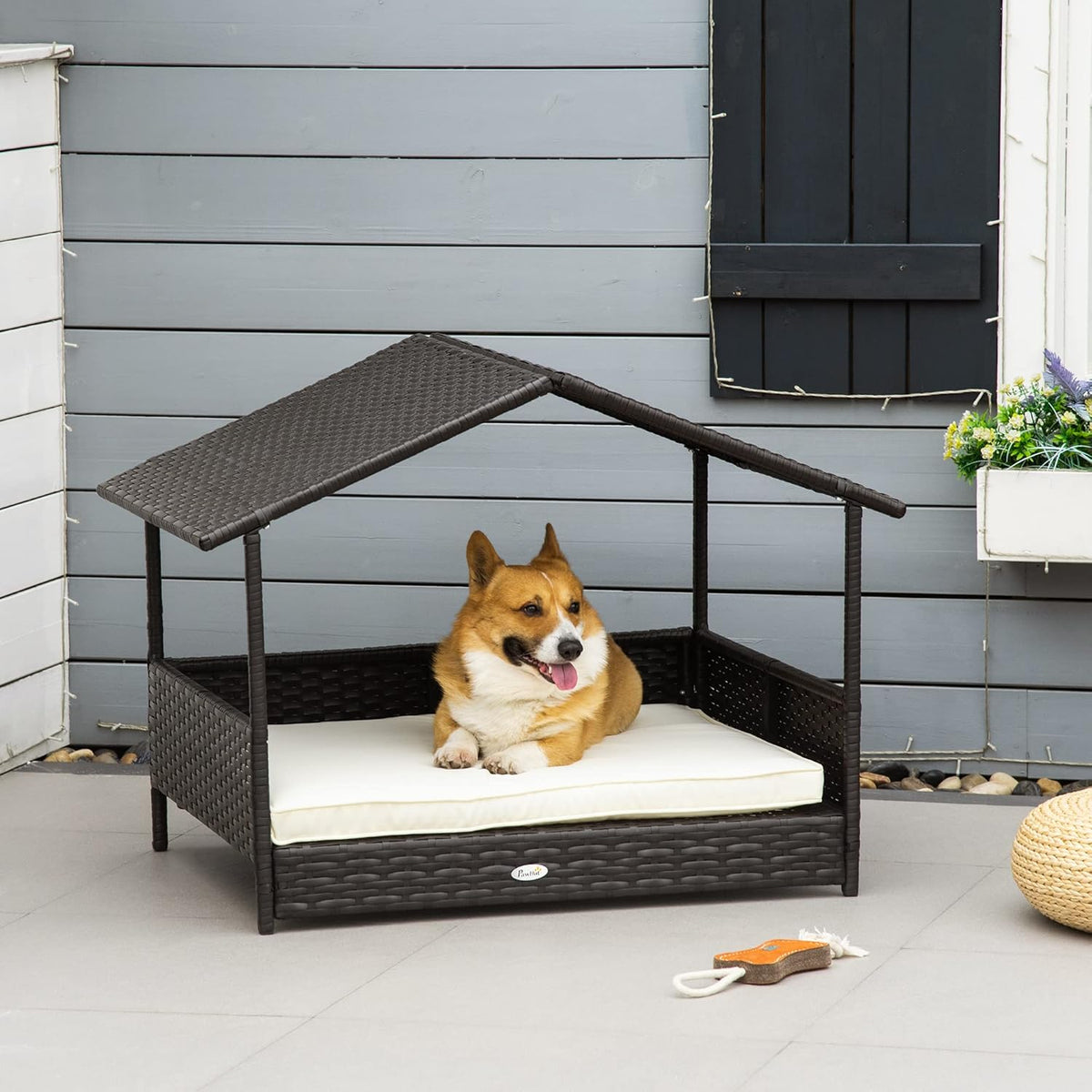 PawHut Wicker Dog House Outdoor with Canopy, Rattan Dog Bed with Water-Resistant Cushion, Raised