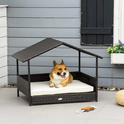 PawHut Wicker Dog House Outdoor with Canopy, Rattan Dog Bed with Water-Resistant Cushion, Raised