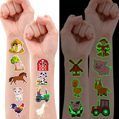 96 PCS Farm Barnyard Animal Glow In The Dark Pre-Cut Temporary Tattoos Sticker 1st First 2nd