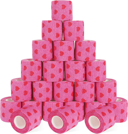 24 Pack Self Adhesive Vet Wrap & Medical Tape, 2 Inch x 5 Yards Cohesive Bandage Wrap - Pink Heart