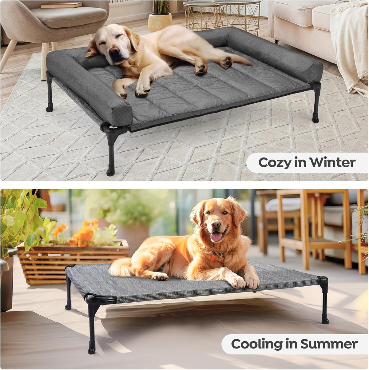 Veehoo Cooling Elevated Dog Bed Add Removable Waterproof Bolster Cushion Mat, Raised Pet Cot with