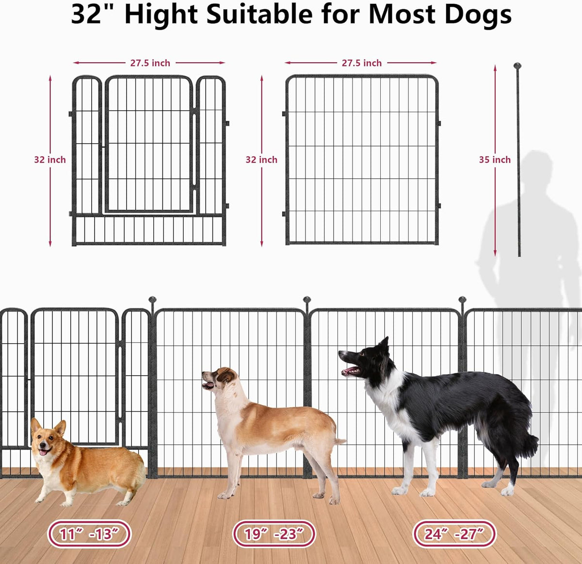 Dog Playpen 32 inch 16 Panels Indoor Outdoor Dog Pen for Medium/Small Dogs Heavy Duty Metal Dog