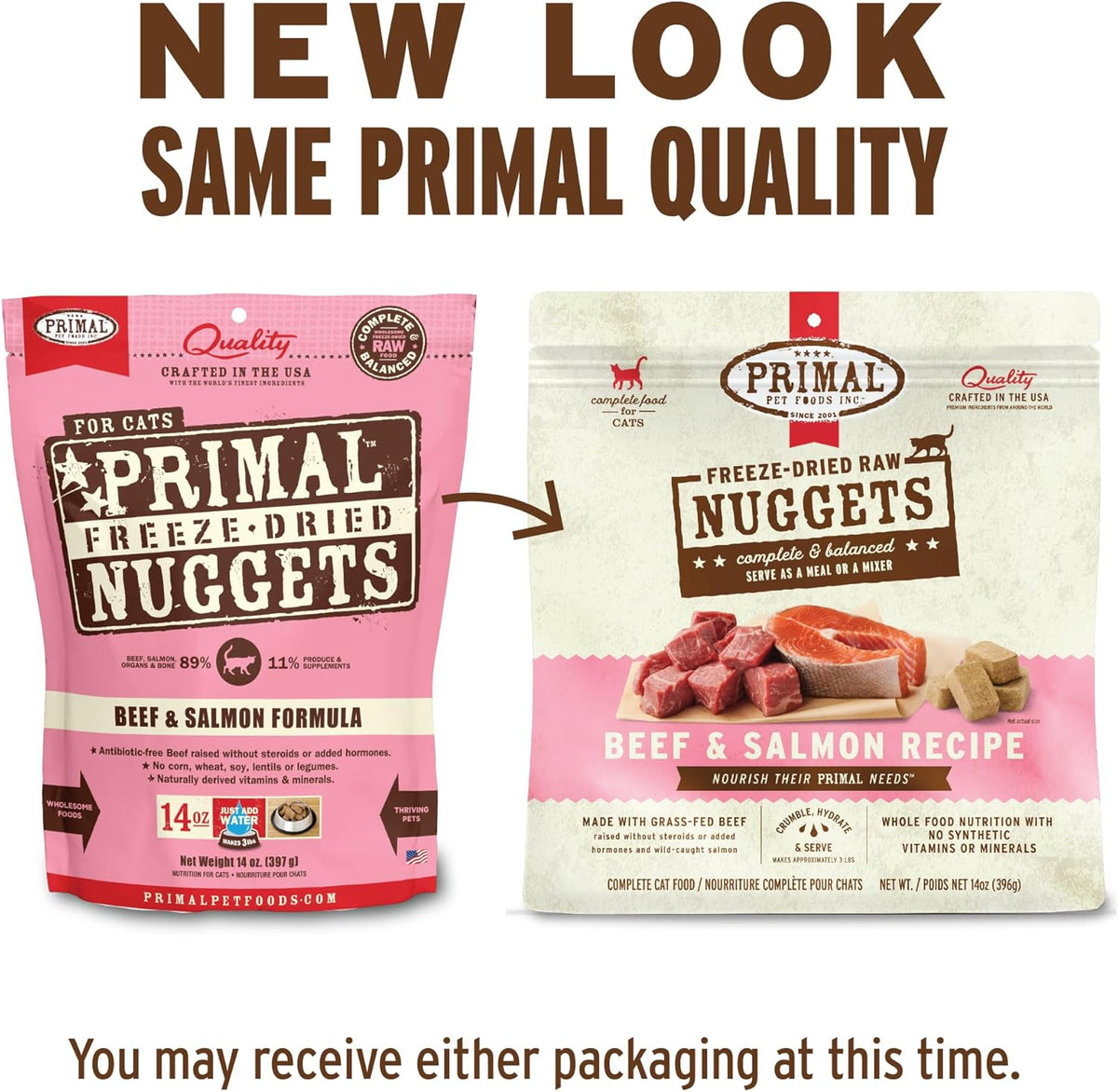 Primal Freeze Dried Raw Cat Food Nuggets Beef & Salmon, Complete & Balanced Meal or Topper